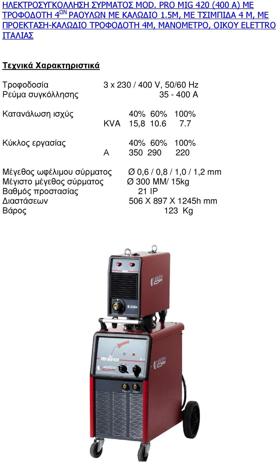 συγκόλλησης 3 x 230 / 400 V, 50/60 Hz 35-400 A Κατανάλωση ισχύς 40% 60% 100% KVA 15,8 10.6 7.
