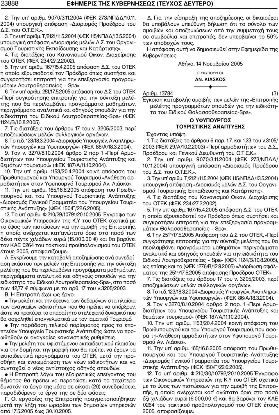 2.2002). 5. Την υπ αριθμ. 167/15.4.2005 απόφαση Δ.Σ. του ΟΤΕΚ η οποία εξουσιοδοτεί τον Πρόεδρο όπως συστήσει και συγκροτήσει επιτροπή για την επεξεργασία προγραμ μάτων Λουτροθεραπείας Spa». 6.