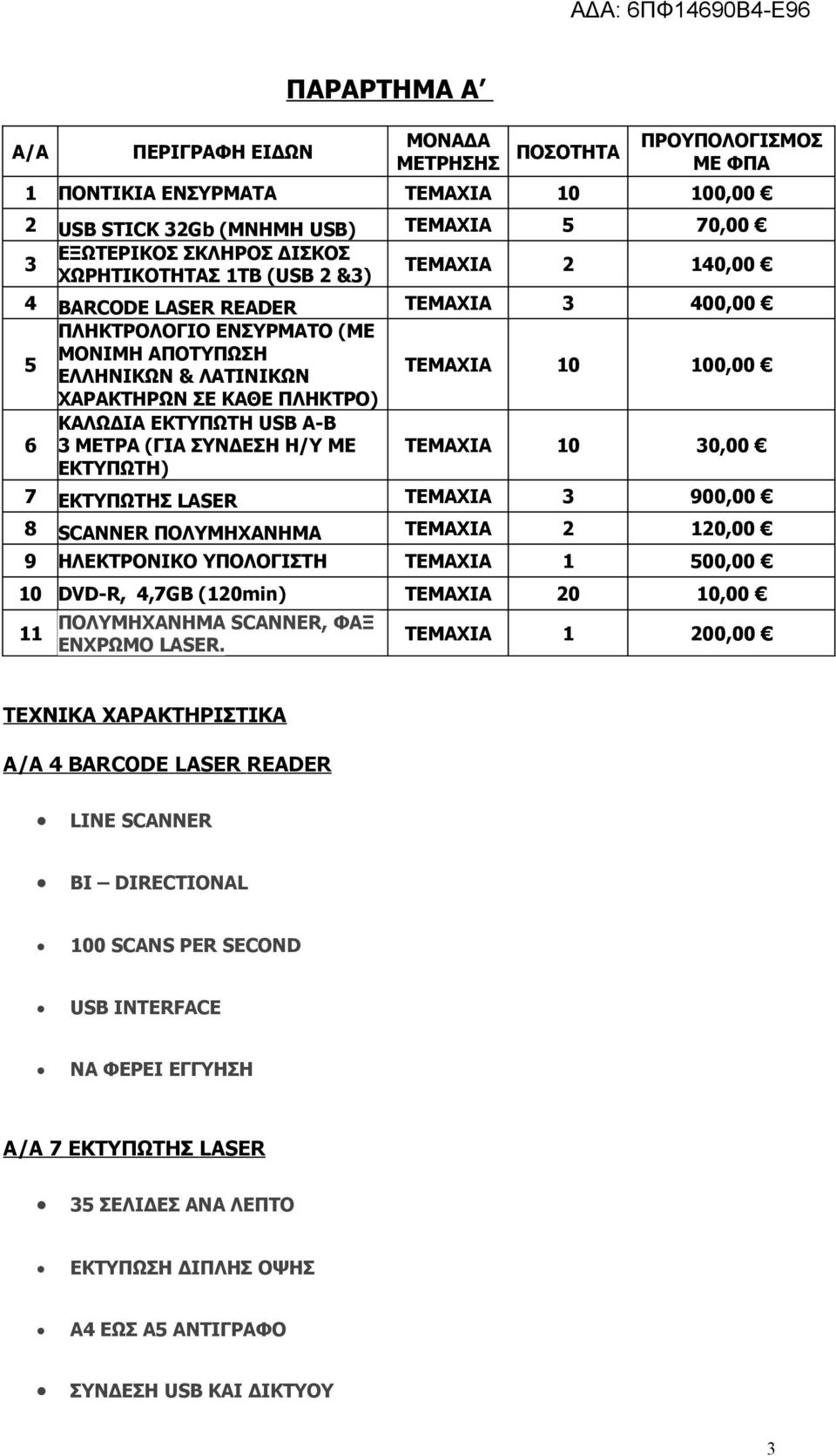 ΕΚΤΥΠΩΤΗ USB Α-Β 3 METΡA (ΓΙΑ ΣΥΝΔΕΣΗ Η/Υ ΜΕ ΕΚΤΥΠΩΤΗ) ΤΕΜΑΧΙΑ 10 100,00 ΤΕΜΑΧΙΑ 10 30,00 7 ΕΚΤΥΠΩΤΗΣ LASER ΤΕΜΑΧΙΑ 3 900,00 8 SCANNER ΠΟΛΥΜΗΧΑΝΗΜΑ ΤΕΜΑΧΙΑ 2 120,00 9 ΗΛΕΚΤΡΟΝΙΚΟ ΥΠΟΛΟΓΙΣΤΗ ΤΕΜΑΧΙΑ 1