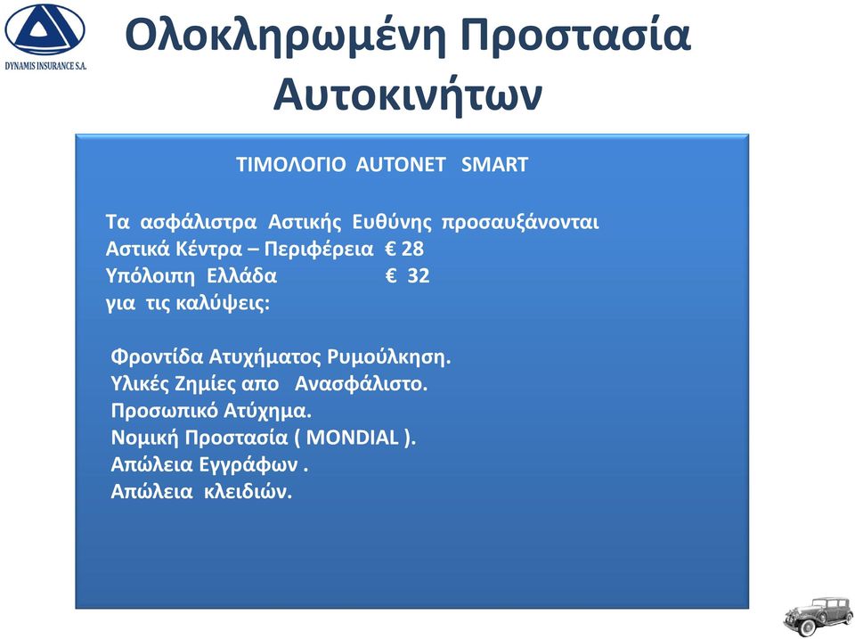 τις καλύψεις: Φροντίδα Ατυχήματος Ρυμούλκηση. Υλικές Ζημίες απο Ανασφάλιστο.