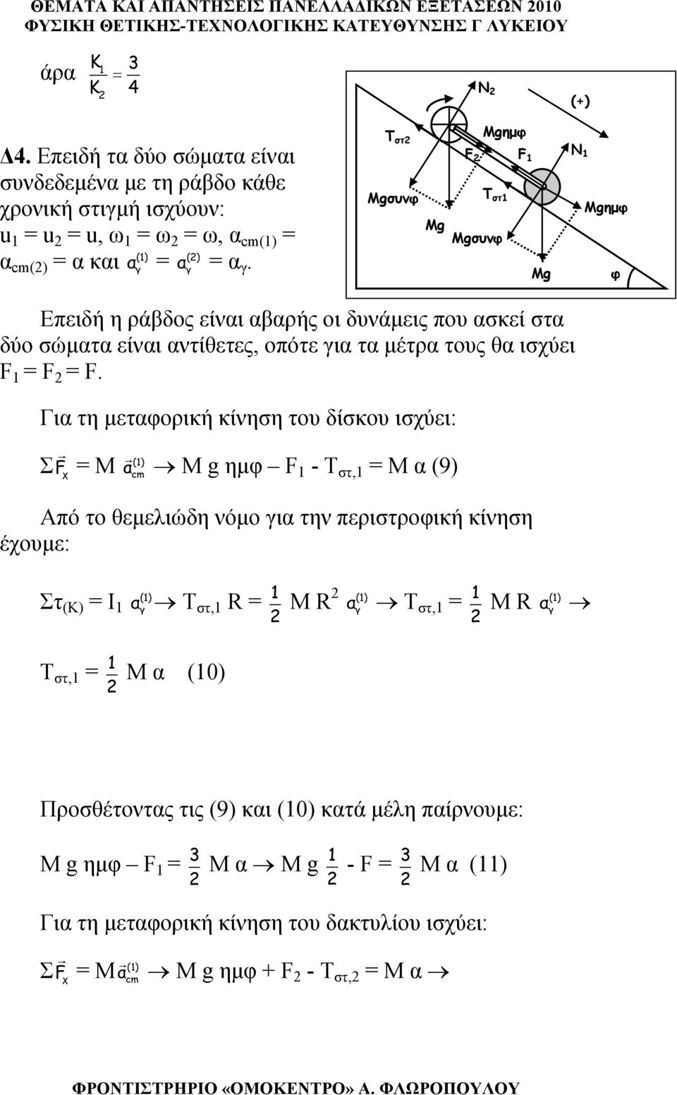 Για τη μεταφορική κίνηση του δίσκου ισχύει: Σ χ F r (1) = M α r M g ημφ F 1 - Τ στ,1 = M α (9) Από το θεμελιώδη νόμο ια την περιστροφική κίνηση έχουμε: (1) Στ (Κ) = Ι 1 α Τ στ,1 R = 1 M R (1) α