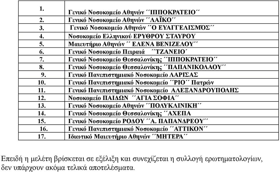 Γενικό Πανεπιστημιακό Νοσοκομείο ΡΙΟ Πατρών 11. Γενικό Πανεπιστημιακό Νοσοκομείο ΑΛΕΞΑΝΔΡΟΥΠΟΛΗΣ 12. Νοσοκομείο ΠΑΙΔΩΝ ΑΓΙΑ ΣΟΦΙΑ 13. Γενικό Νοσοκομείο Αθηνών ΠΟΛΥΚΛΙΝΙΚΗ 14.