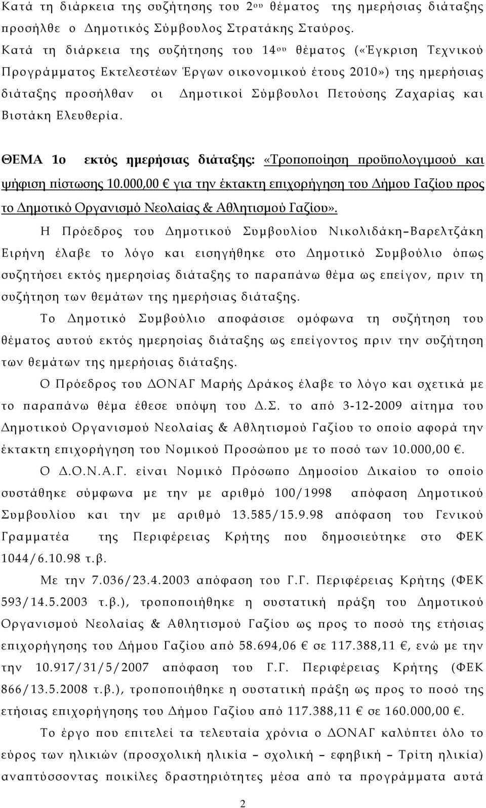 και Βιστάκη Ελευθερία. ΘΕΜΑ 1ο εκτός ημερήσιας διάταξης: «Τροποποίηση προϋπολογιμσού και ψήφιση πίστωσης 10.