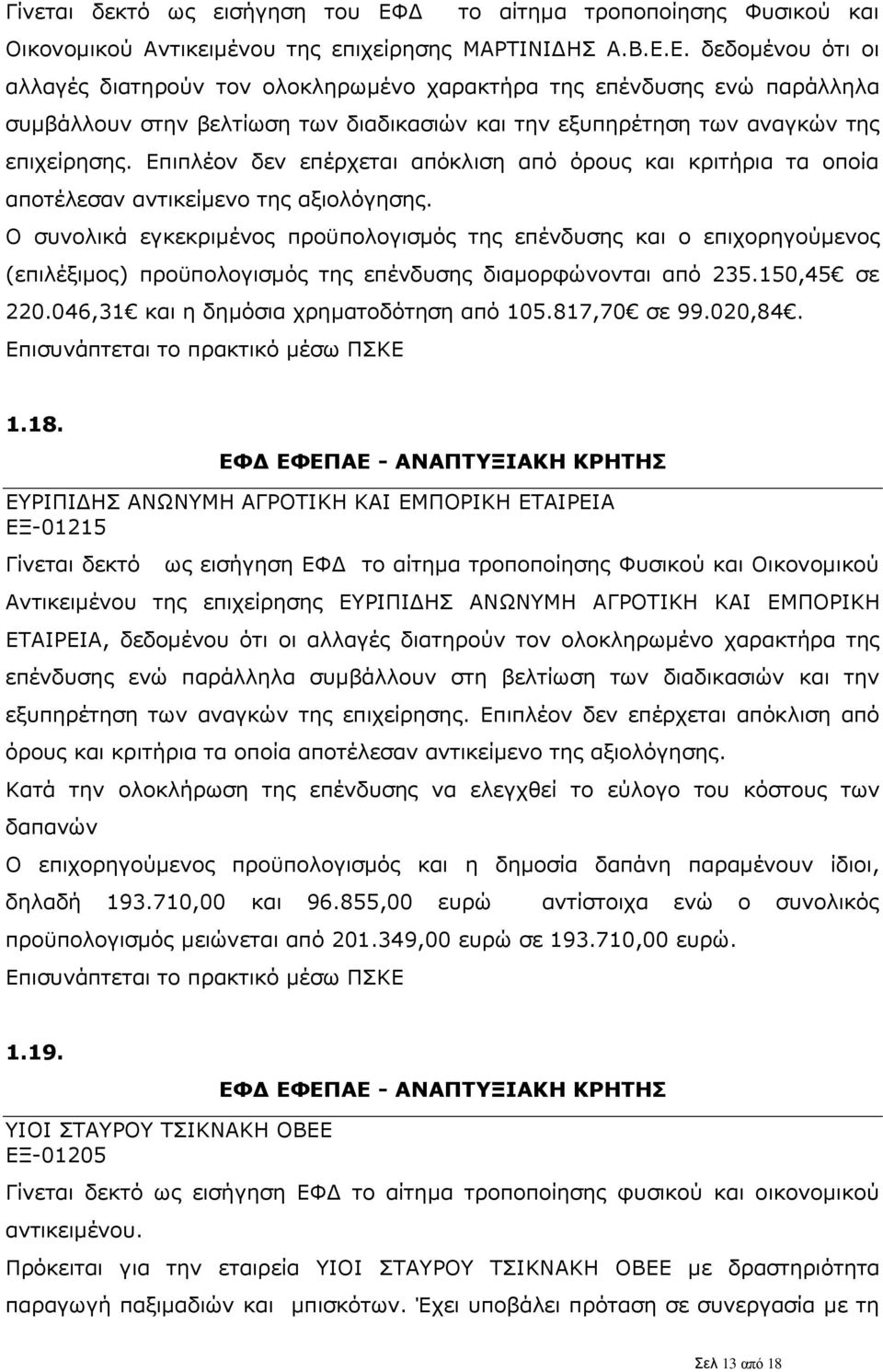 Επιπλέον δεν επέρχεται απόκλιση από όρους και κριτήρια τα οποία αποτέλεσαν Ο συνολικά εγκεκριμένος προϋπολογισμός της επένδυσης και ο επιχορηγούμενος (επιλέξιμος) προϋπολογισμός της επένδυσης