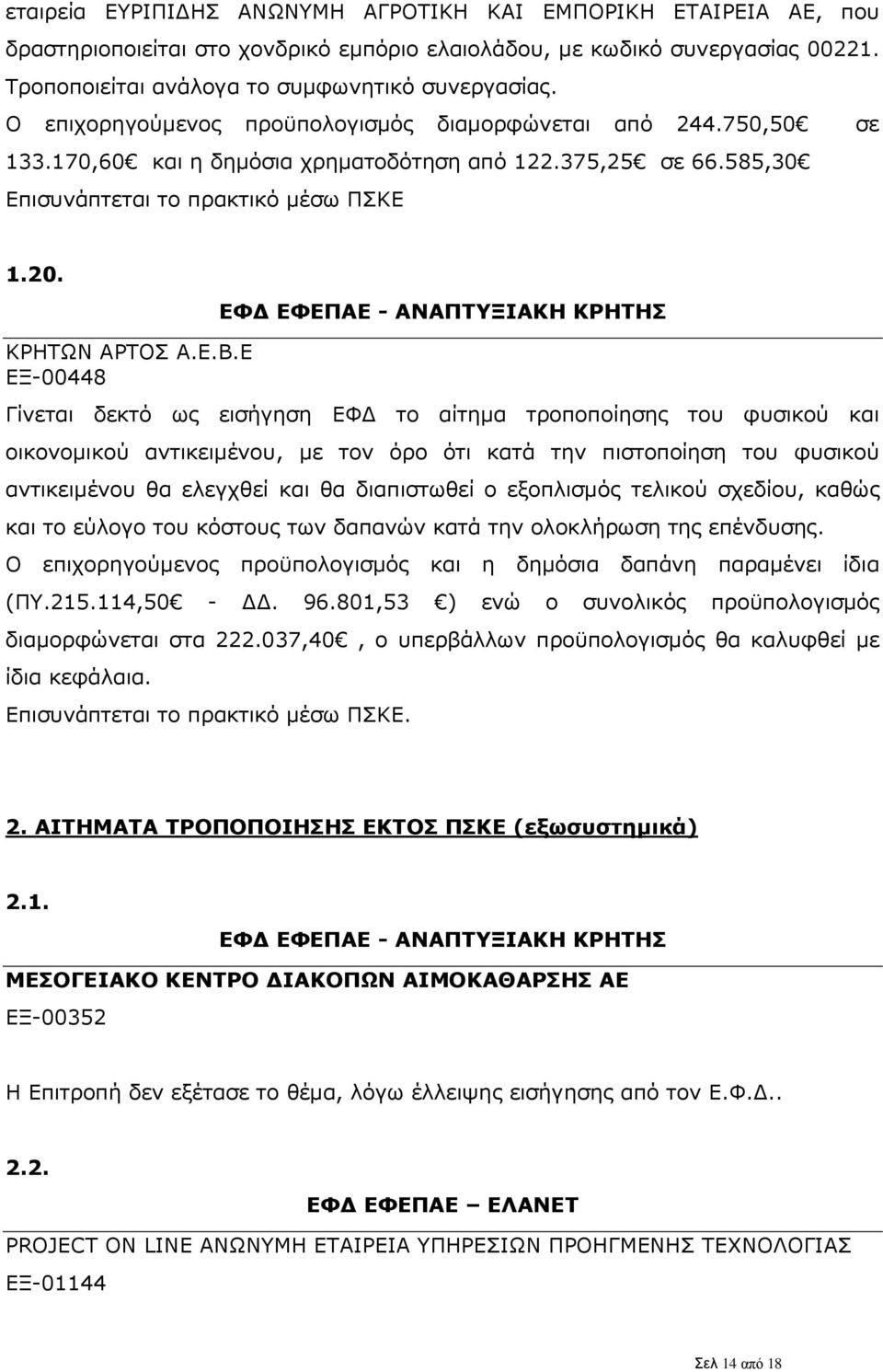 Ε ΕΞ-00448 Γίνεται δεκτό ως εισήγηση ΕΦΔ το αίτημα τροποποίησης του φυσικού και οικονομικού αντικειμένου, με τον όρο ότι κατά την πιστοποίηση του φυσικού αντικειμένου θα ελεγχθεί και θα διαπιστωθεί ο