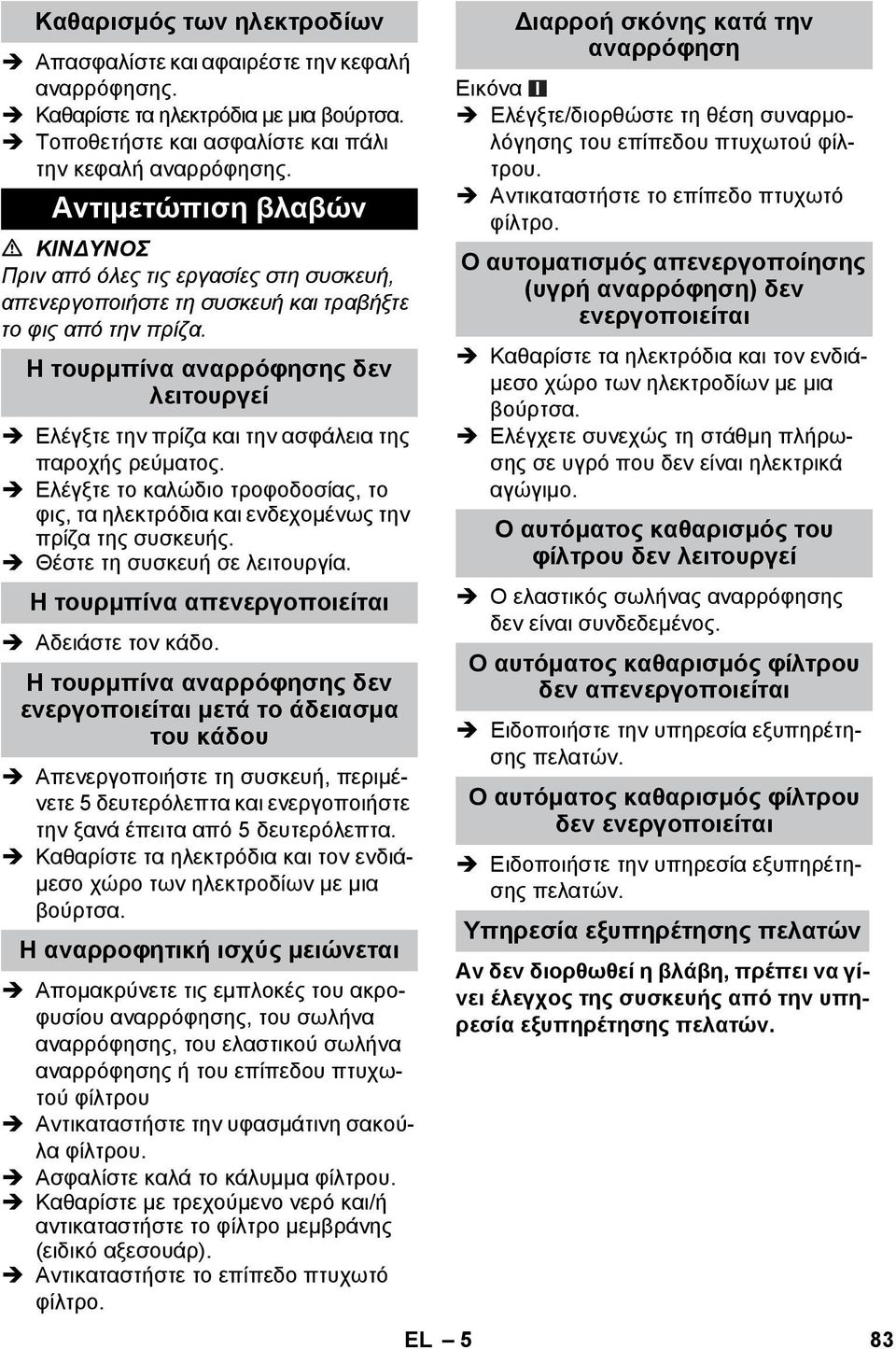 Η τουρμπίνα αναρρόφησης δεν λειτουργεί Ελέγξτε την πρίζα και την ασφάλεια της παροχής ρεύματος. Ελέγξτε το καλώδιο τροφοδοσίας, το φις, τα ηλεκτρόδια και ενδεχομένως την πρίζα της συσκευής.