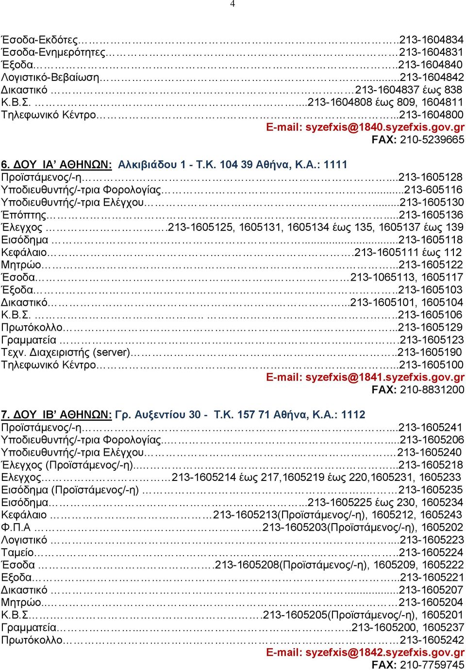 ..213-605116 Υποδιευθυντής/-τρια Ελέγχου...213-1605130 Έπόπτης...213-1605136 Έλεγχος.213-1605125, 1605131, 1605134 έως 135, 1605137 έως 139 Eισόδημα...213-1605118 Κεφάλαιο.213-1605111 έως 112 Μητρώο.