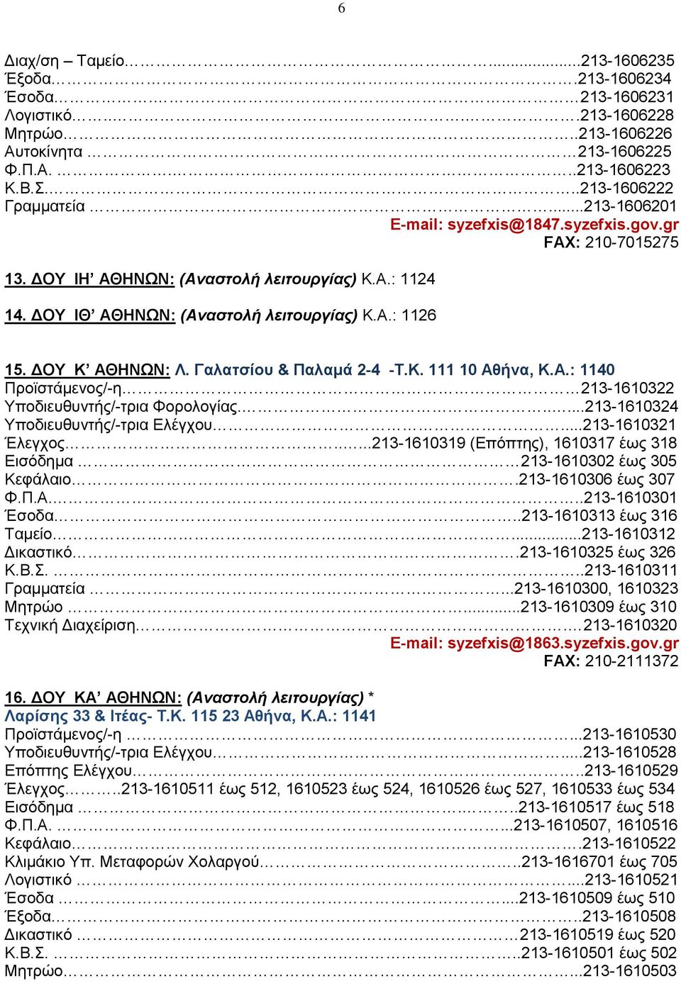 Γαλατσίου & Παλαμά 2-4 -T.K. 111 10 Αθήνα, Κ.Α.: 1140 Προϊστάμενος/-η 213-1610322 Υποδιευθυντής/-τρια Φορολογίας......213-1610324 Υποδιευθυντής/-τρια Ελέγχου...213-1610321 Έλεγχος.