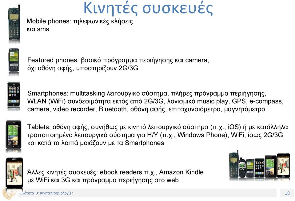 Bluetooth, οθόνη αφής, επιταχυνσιόμετρο, μαγνητόμετρο Tablets: οθόνη αφής, συνήθως με κινητό λειτουργικό σύστημα (π.χ., ios) ή με κατάλληλα τροποποιημένο λειτουργικό σύστημα για Η/Υ (π.