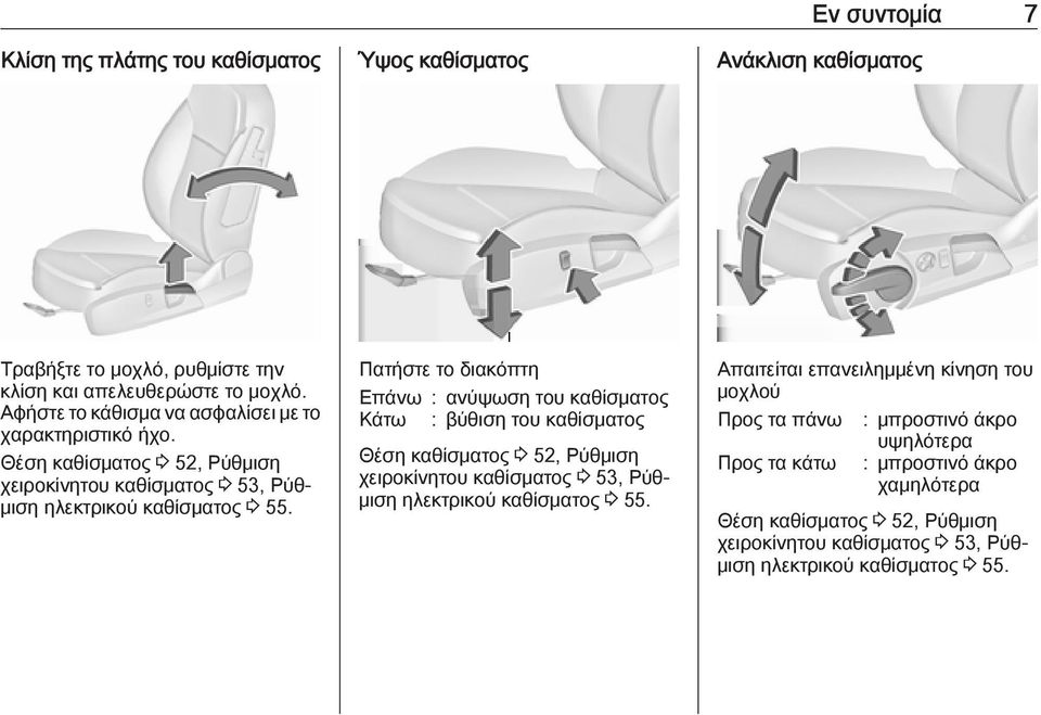 Πατήστε το διακόπτη Επάνω : ανύψωση του καθίσματος Κάτω : βύθιση του καθίσματος Θέση καθίσματος 3 52, Ρύθμιση χειροκίνητου καθίσματος 3 53, Ρύθμιση ηλεκτρικού καθίσματος 3
