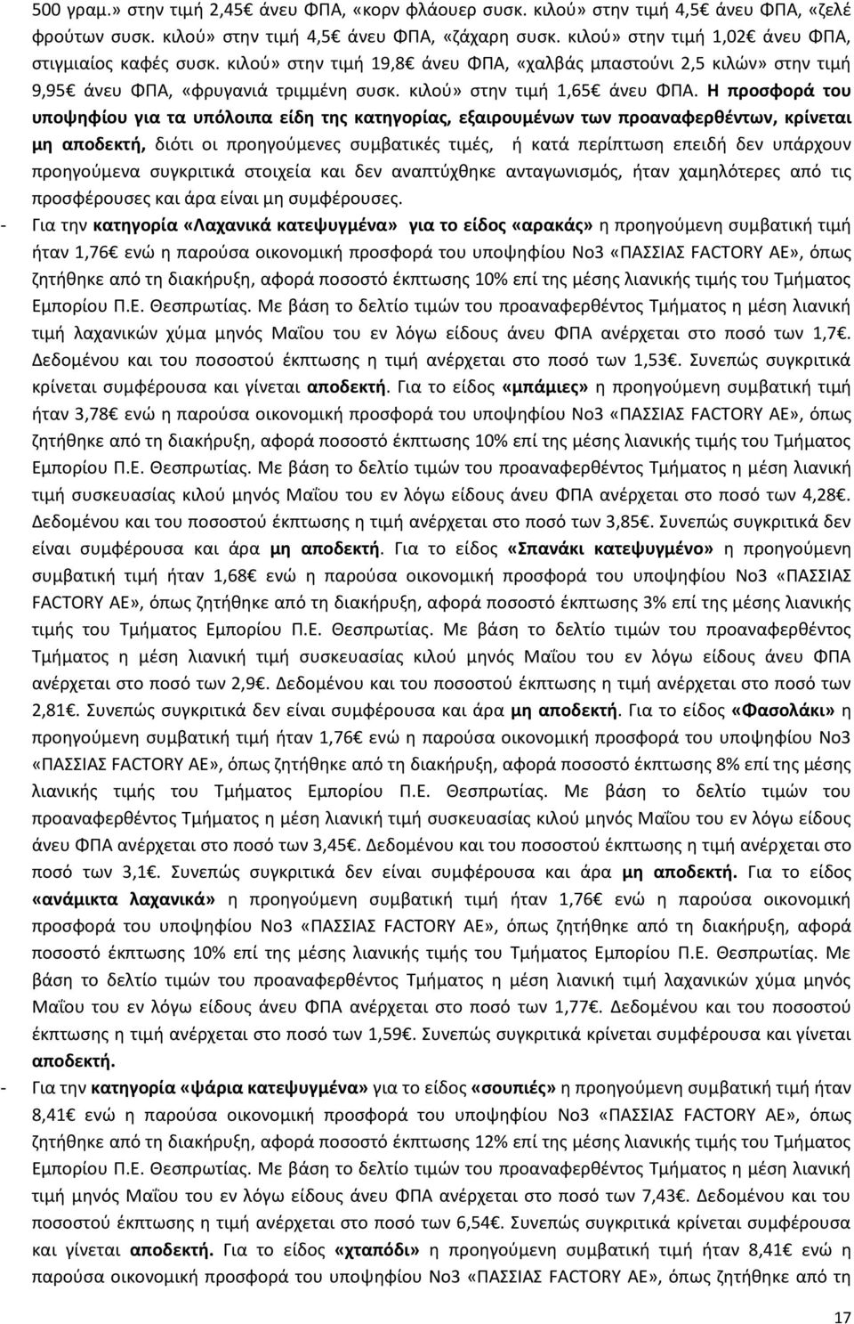 Η προσφορά του υποψηφίου για τα υπόλοιπα είδη της κατηγορίας, εξαιρουμένων των προαναφερθέντων, κρίνεται μη αποδεκτή, διότι οι προηγούμενες συμβατικές τιμές, ή κατά περίπτωση επειδή δεν υπάρχουν