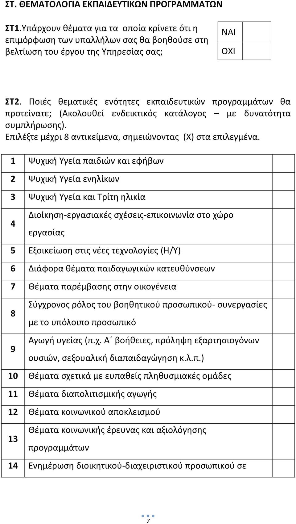 1 Ψυχική Υγεία παιδιών και εφήβων 2 Ψυχική Υγεία ενηλίκων 3 Ψυχική Υγεία και Τρίτη ηλικία 4 Διοίκηση εργασιακές σχέσεις επικοινωνία στο χώρο εργασίας 5 Εξοικείωση στις νέες τεχνολογίες (Η/Υ) 6