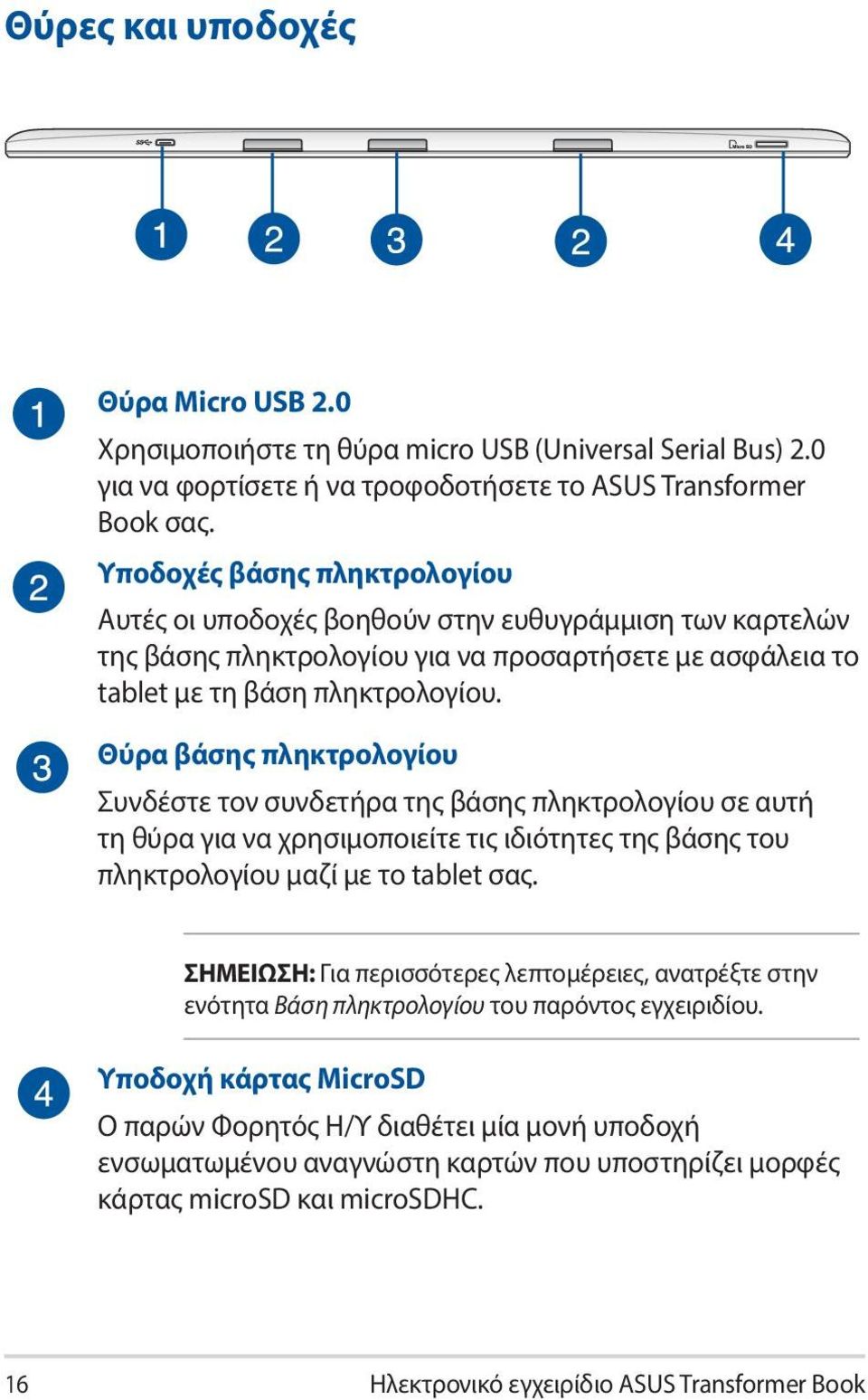 Θύρα βάσης πληκτρολογίου Συνδέστε τον συνδετήρα της βάσης πληκτρολογίου σε αυτή τη θύρα για να χρησιμοποιείτε τις ιδιότητες της βάσης του πληκτρολογίου μαζί με το tablet σας.