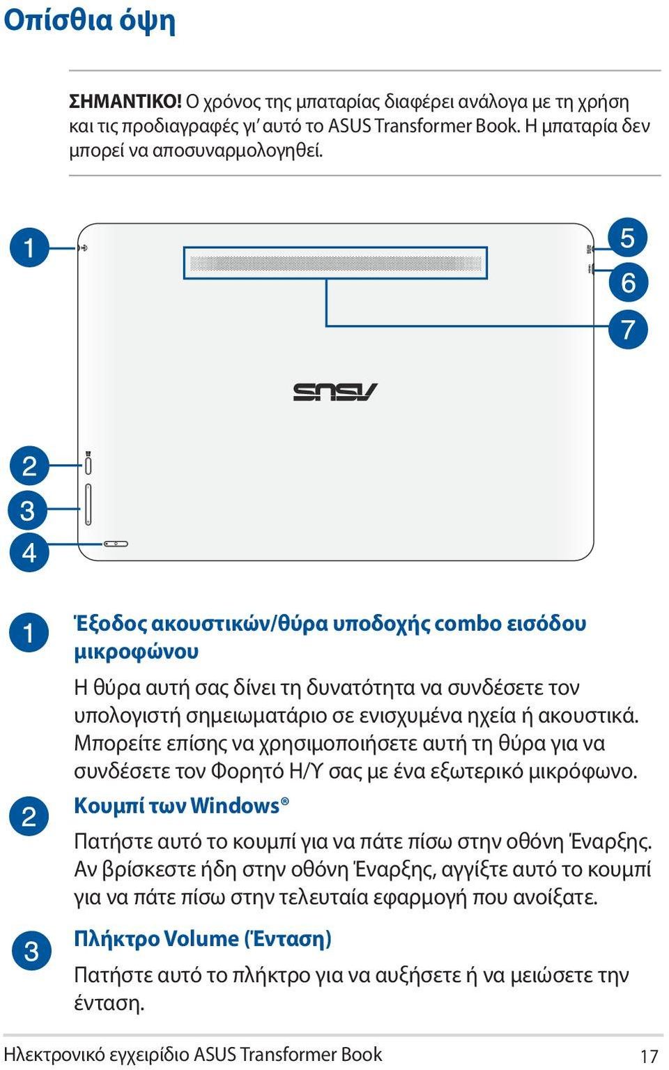 Μπορείτε επίσης να χρησιμοποιήσετε αυτή τη θύρα για να συνδέσετε τον Φορητό Η/Υ σας με ένα εξωτερικό μικρόφωνο. Κουμπί των Windows Πατήστε αυτό το κουμπί για να πάτε πίσω στην οθόνη Έναρξης.