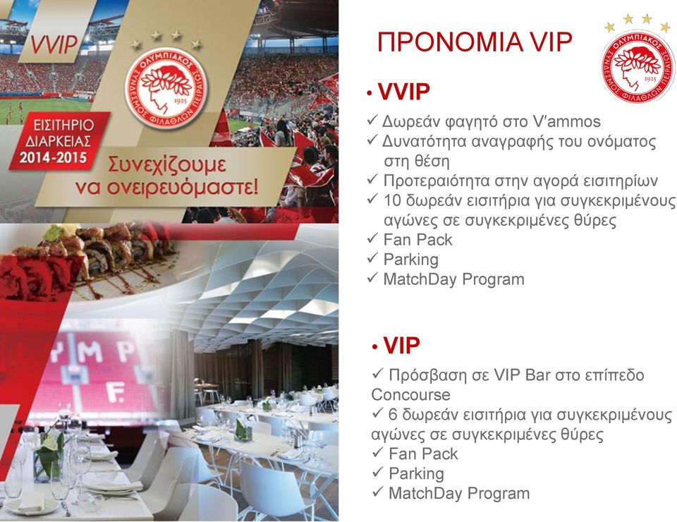 συγκεκριμένες θύρες Fan Pack Parking MatchDay Program VIP Πρόσβαση σε VIP Bar στο επίπεδο