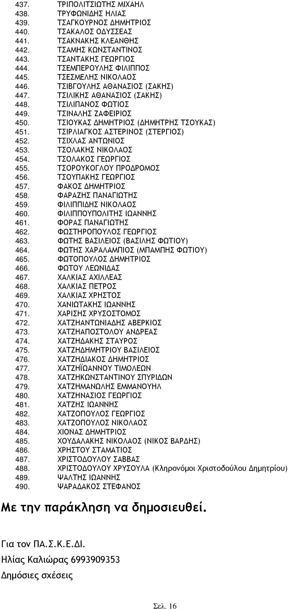 ΤΣΙΟΥΚΑΣ ΔΗΜΗΤΡΙΟΣ (ΔΗΜΗΤΡΗΣ ΤΣΟΥΚΑΣ) 451. ΤΣΙΡΛΙΑΓΚΟΣ ΑΣΤΕΡΙΝΟΣ (ΣΤΕΡΓΙΟΣ) 452. ΤΣΙΧΛΑΣ ΑΝΤΩΝΙΟΣ 453. ΤΣΟΛΑΚΗΣ ΝΙΚΟΛΑΟΣ 454. ΤΣΟΛΑΚΟΣ ΓΕΩΡΓΙΟΣ 455. ΤΣΟΡΟΥΚΟΓΛΟΥ ΠΡΟΔΡΟΜΟΣ 456. ΤΣΟΥΠΑΚΗΣ ΓΕΩΡΓΙΟΣ 457.