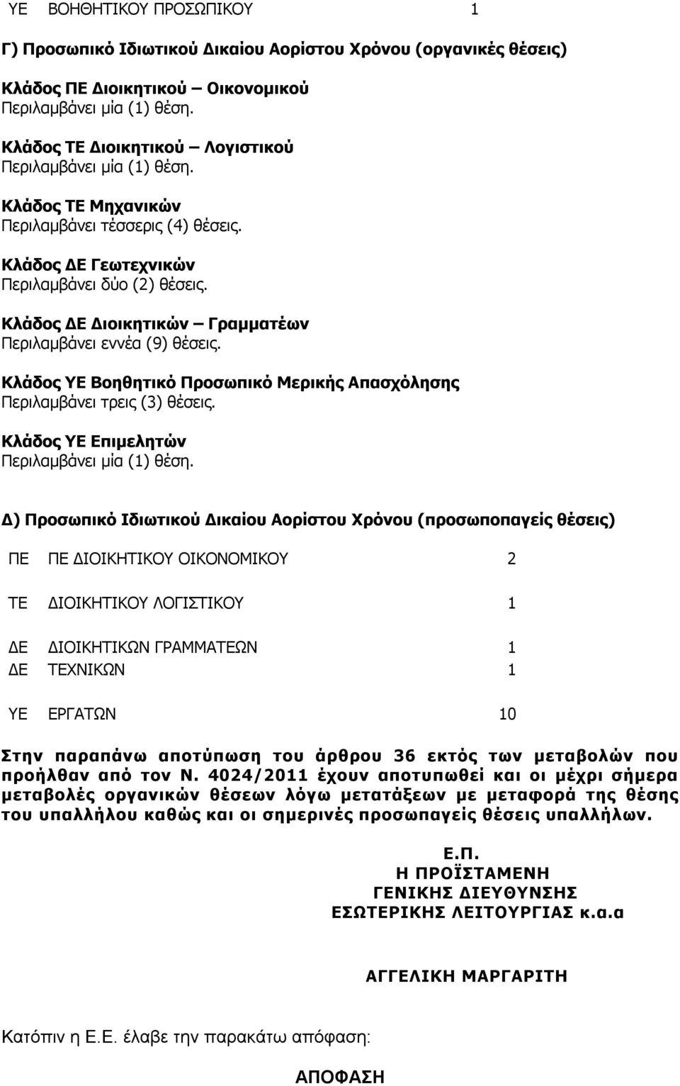 Κλάδος ΔΕ Διοικητικών Γραμματέων Περιλαμβάνει εννέα (9) θέσεις. Κλάδος ΥΕ Βοηθητικό Προσωπικό Μερικής Απασχόλησης Περιλαμβάνει τρεις (3) θέσεις. Κλάδος ΥΕ Επιμελητών Περιλαμβάνει μία () θέση.