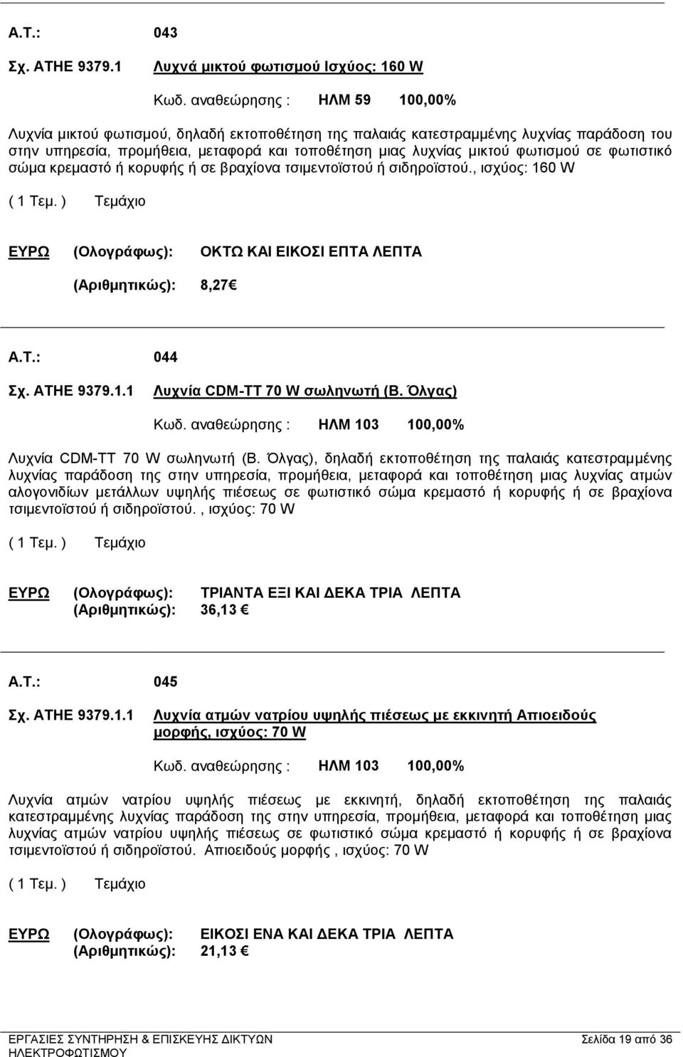 σε φωτιστικό σώμα κρεμαστό ή κορυφής ή σε βραχίονα τσιμεντοϊστού ή σιδηροϊστού., ισχύος: 160 W ΕΥΡΩ (Ολογράφως): ΟΚΤΩ ΚΑΙ ΕΙΚΟΣΙ ΕΠΤΑ ΛΕΠΤΑ (Αριθμητικώς): 8,27 A.T.: 044 Σχ. ΑΤΗΕ 9379.1.1 Λυχνία CDM-TΤ 70 W σωληνωτή (Β.