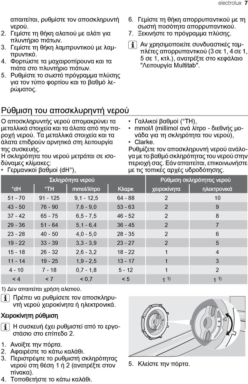 Γεμίστε τη θήκη απορρυπαντικού με τη σωστή ποσότητα απορρυπαντικού. 7. Ξεκινήστε το πρόγραμμα πλύσης. Αν χρησιμοποιείτε συνδυαστικές ταμπλέτες απορρυπαντικού (3 σε 1, 4 σε 1, 5 σε 1, κτλ.