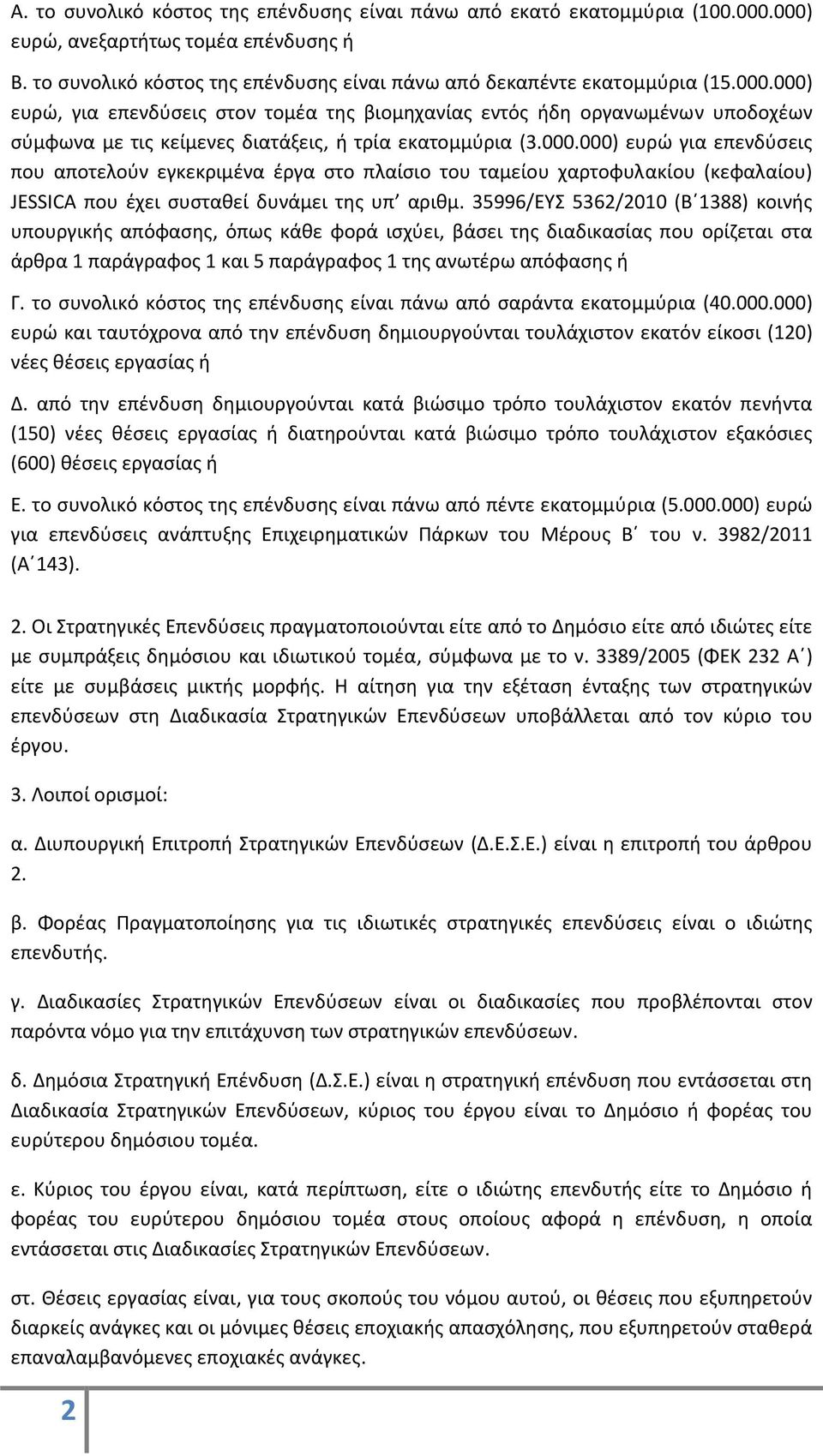 000.000) ευρώ για επενδύσεις που αποτελούν εγκεκριμένα έργα στο πλαίσιο του ταμείου χαρτοφυλακίου (κεφαλαίου) JESSICA που έχει συσταθεί δυνάμει της υπ αριθμ.
