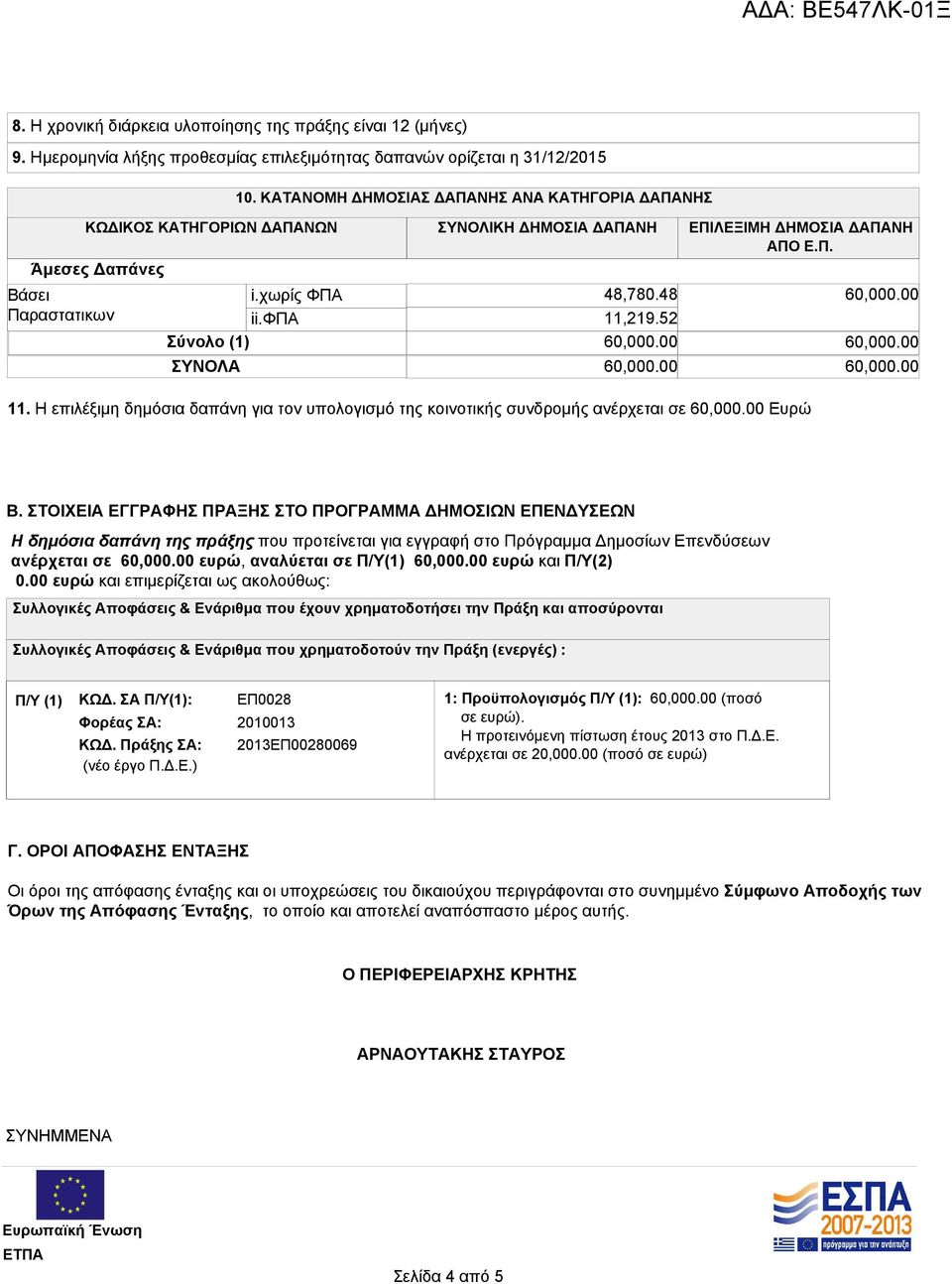 48 11,219.52 Σύνολο (1) 60,000.00 ΣΥΝΟΛΑ 60,000.00 60,000.00 60,000.00 60,000.00 11. Η επιλέξιμη δημόσια δαπάνη για τον υπολογισμό της κοινοτικής συνδρομής ανέρχεται σε 60,000.00 Ευρώ Β.