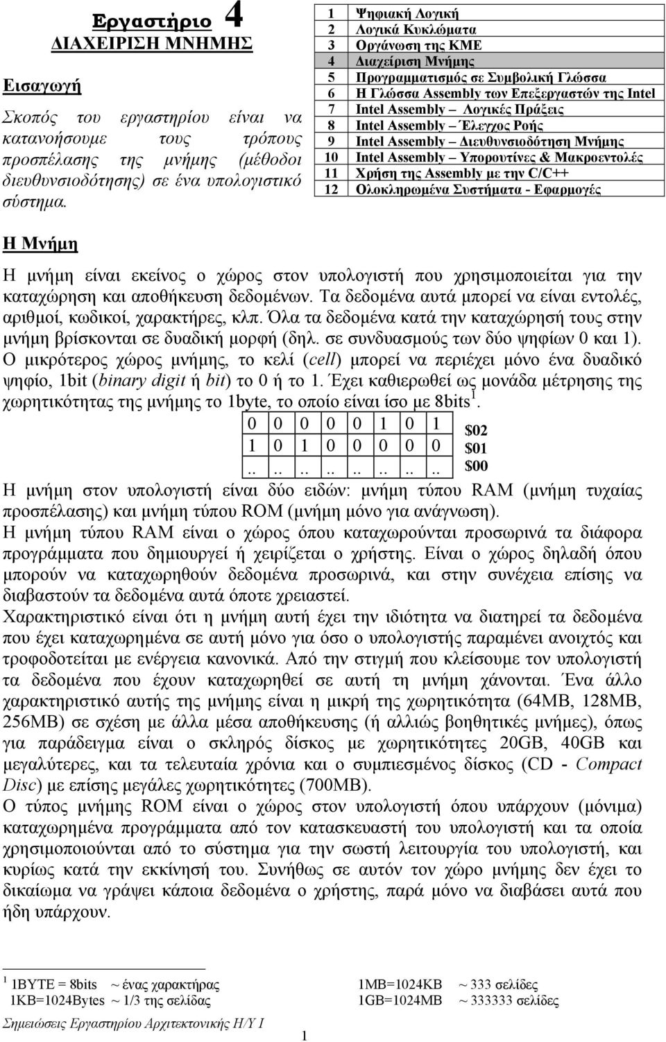 Πράξεις 8 Intel Assembly Έλεγχος Ροής 9 Intel Assembly ιευθυνσιοδότηση Μνήµης 10 Intel Assembly Υπορουτίνες & Μακροεντολές 11 Χρήση της Assembly µε την C/C++ 12 Ολοκληρωµένα Συστήµατα - Εφαρµογές Η