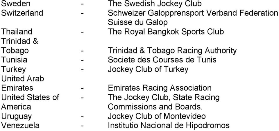 Turkey - Jockey Club of Turkey United Arab Emirates - Emirates Racing Association United States of - The Jockey Club,