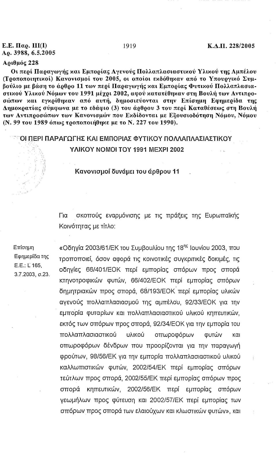 228/2005 Οι περί ΠαραγωγΙ1ς και Εμπορίας Αγενούς Πολλαπλασιαστικού Υλικού της Αμπέλου (Τροποποιητικοί) Κανονισμοί του 2005, οι οποίοι εκδόθηκαν από το Υπουργικό Συμβούλιο με βάση το άρθρο 11 των περί