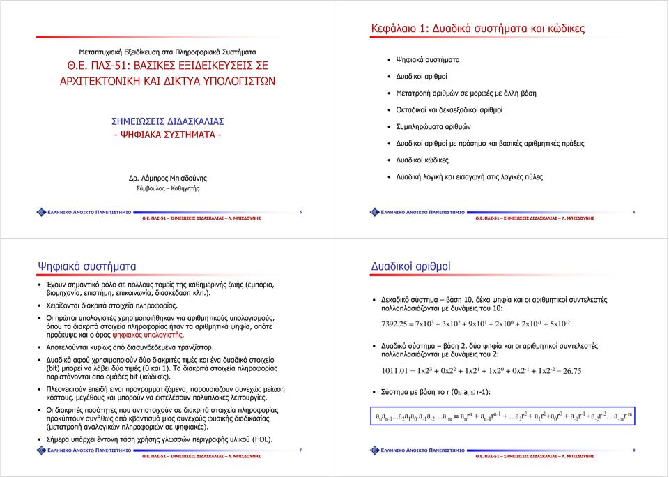 ΠΛΣ-5: ΒΑΣΙΚΕΣ ΕΞΙ ΕΙΚΕΥΣΕΙΣ ΣΕ ΑΡΧΙΤΕΚΤΟΝΙΚΗ ΚΑΙ ΙΚΤΥΑ ΥΠΟΛΟΓΙΣΤΩΝ ΣΗΜΕΙΩΣΕΙΣ Ι ΑΣΚΑΛΙΑΣ - ΨΗΦΙΑΚΑ ΣΥΣΤΗΜΑΤΑ - Ψηφιακά συστήματα υαδικοί αριθμοί Μετατροπή αριθμών σε μορφές με άλλη βάση Οκταδικοί