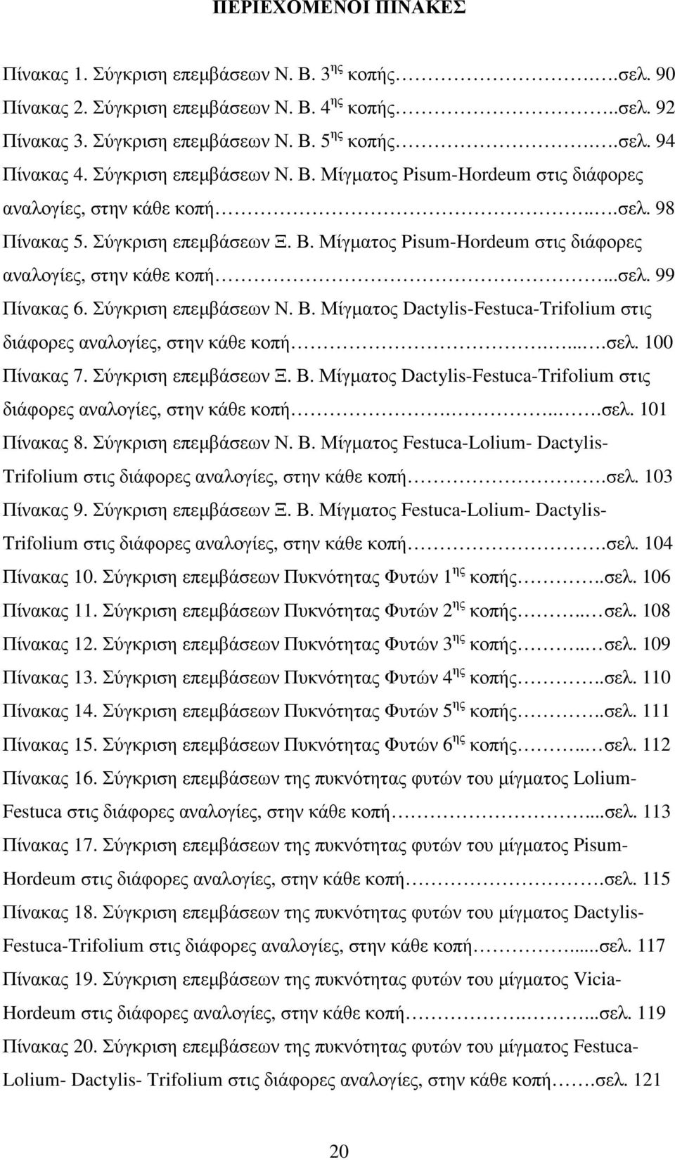 Σύγκριση επεµβάσεων Ν. Β. Μίγµατος Dactylis-Festuca-Trifolium στις διάφορες αναλογίες, στην κάθε κοπή.....σελ. 100 Πίνακας 7. Σύγκριση επεµβάσεων Ξ. Β. Μίγµατος Dactylis-Festuca-Trifolium στις διάφορες αναλογίες, στην κάθε κοπή....σελ. 101 Πίνακας 8.