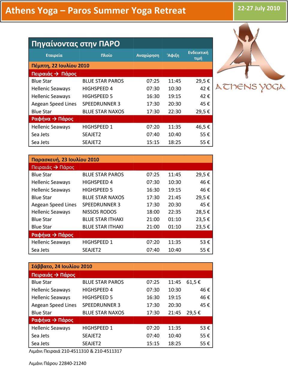 Jets SEAJET2 07:40 10:40 55 Sea Jets SEAJET2 15:15 18:25 55 Παρασκευή, 23 Ιουλίου 2010 Πειραιάς Πάρος Blue Star BLUE STAR PAROS 07:25 11:45 29,5 Hellenic Seaways HIGHSPEED 4 07:30 10:30 46 Hellenic