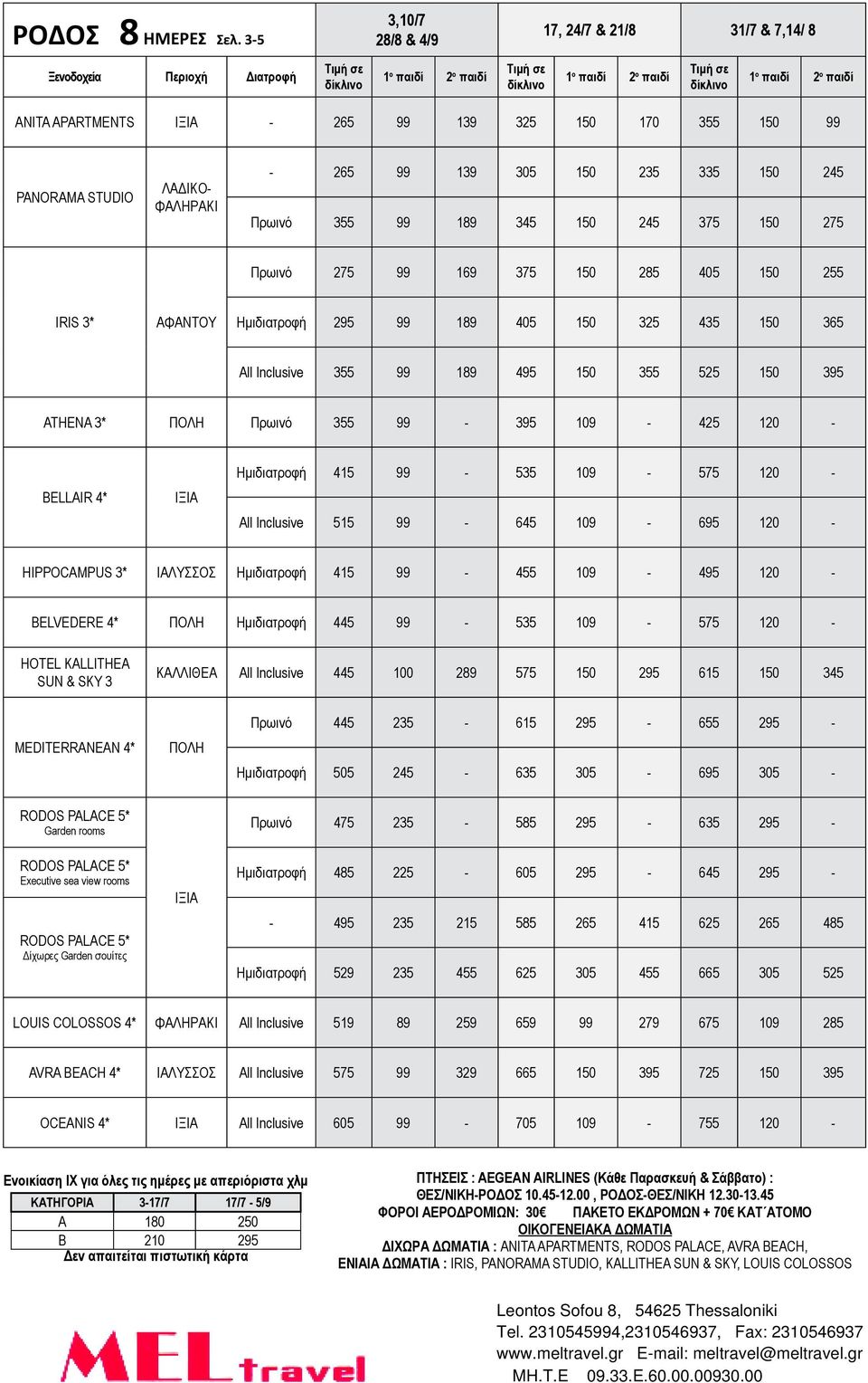 245 Πρωινό 355 99 189 345 150 245 375 150 275 Πρωινό 275 99 169 375 150 285 405 150 255 IRIS 3* ΑΦΑΝΤΟΥ Ημιδιατροφή 295 99 189 405 150 325 435 150 365 All Inclusive 355 99 189 495 150 355 525 150 395