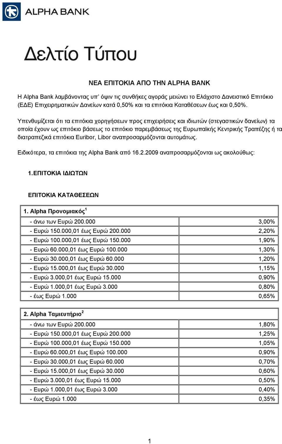 Υπενθυμίζεται ότι τα επιτόκια χορηγήσεων προς επιχειρήσεις και ιδιωτών (στεγαστικών δανείων) τα οποία έχουν ως επιτόκιο βάσεως το επιτόκιο παρεμβάσεως της Ευρωπαϊκής Κεντρικής Τραπέζης ή τα