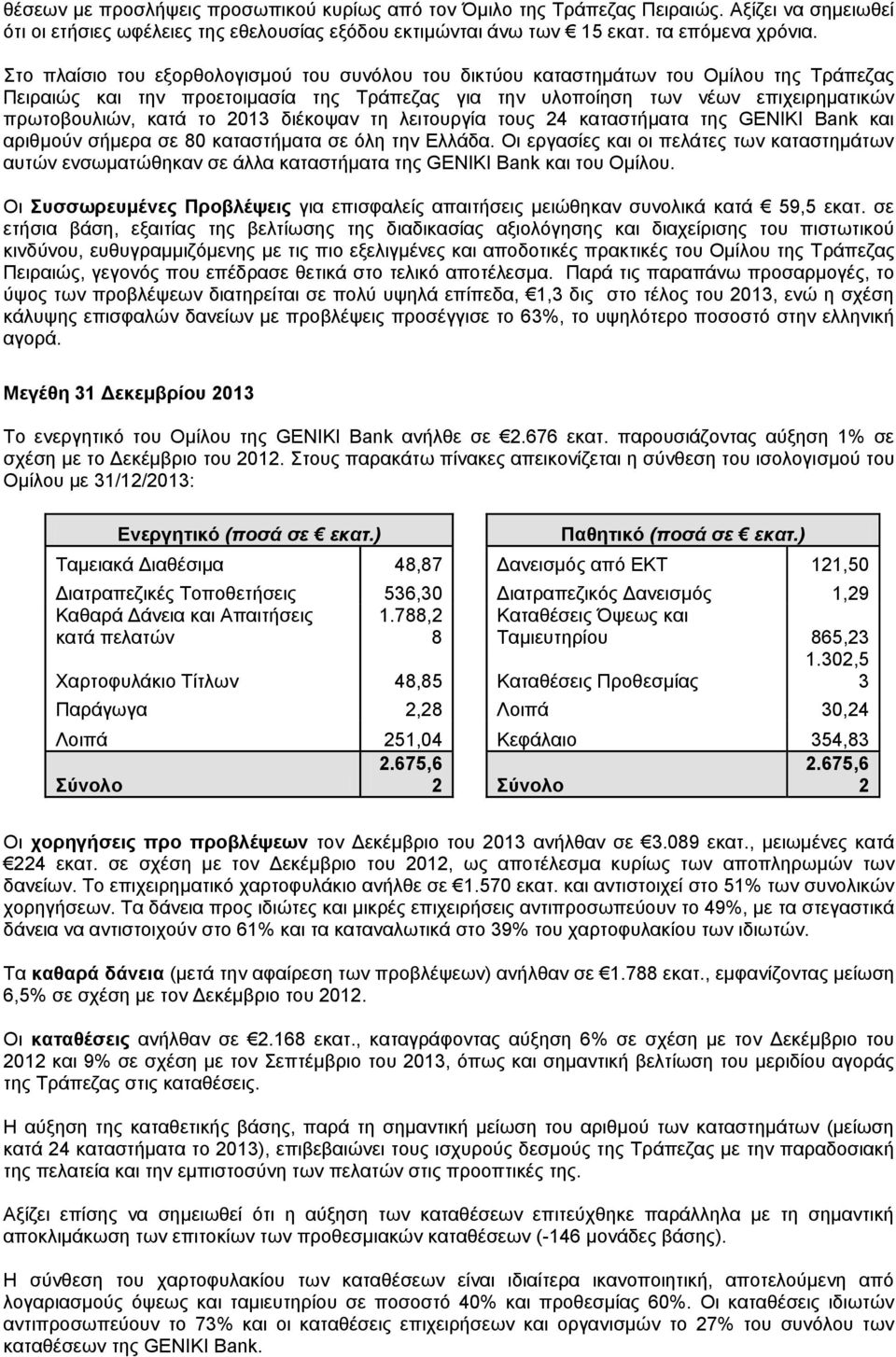 διέκοψαν τη λειτουργία τους 24 καταστήματα της GENIKI Bank και αριθμούν σήμερα σε 80 καταστήματα σε όλη την Ελλάδα.