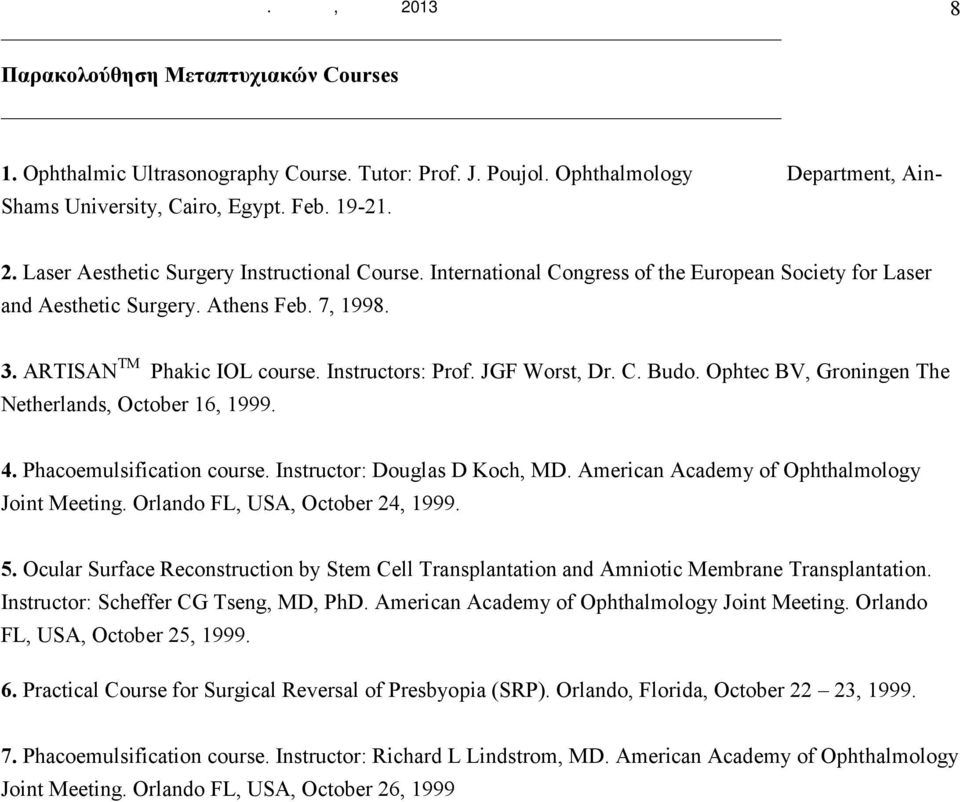 International Congress of the European Society for Laser and Aesthetic Surgery. Athens Feb. 7, 1998. 3. ARTISAN TM Phakic IOL course. Instructors: Prof. JGF Worst, Dr. C. Budo.