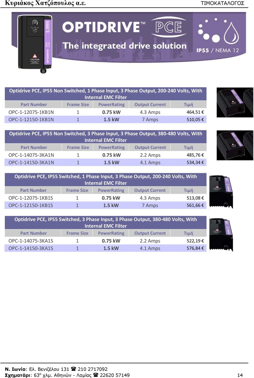 1 Amps 534,34 Optidrive PCE, IP55 Switched, 1 Phase Input, 3 Phase Output, 200 240 Volts, With OPC 1 12075 1KB1S 1 0.75 kw 4.3 Amps 513,08 OPC 1 12150 1KB1S 1 1.