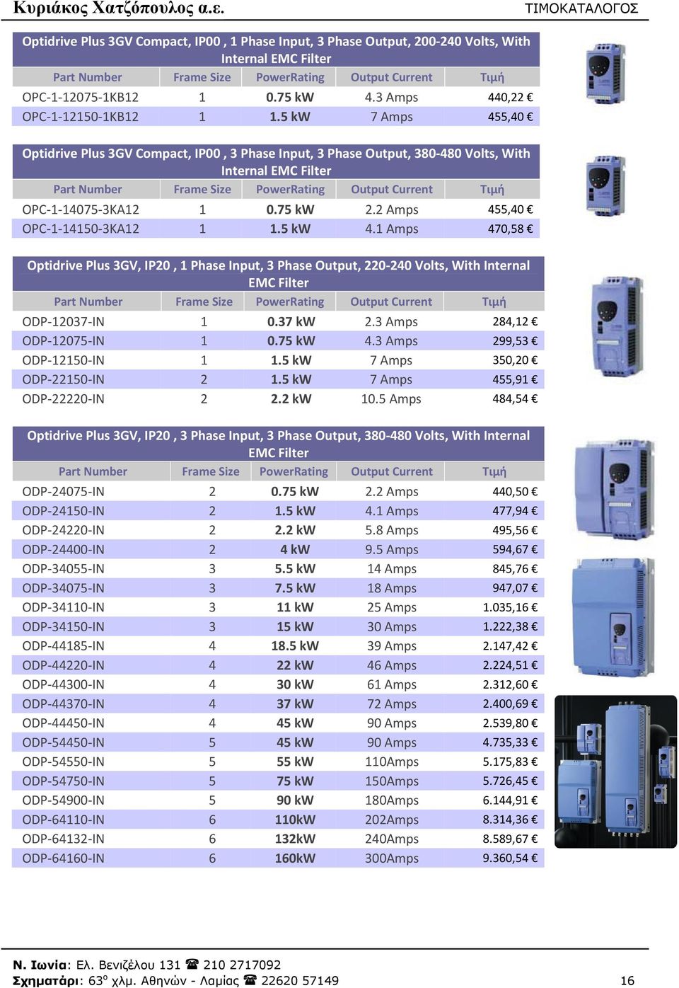 1 Amps 470,58 Optidrive Plus 3GV, IP20, 1 Phase Input, 3 Phase Output, 220 240 Volts, With Internal EMC Filter ODP 12037 IN 1 0.37 kw 2.3 Amps 284,12 ODP 12075 IN 1 0.75 kw 4.