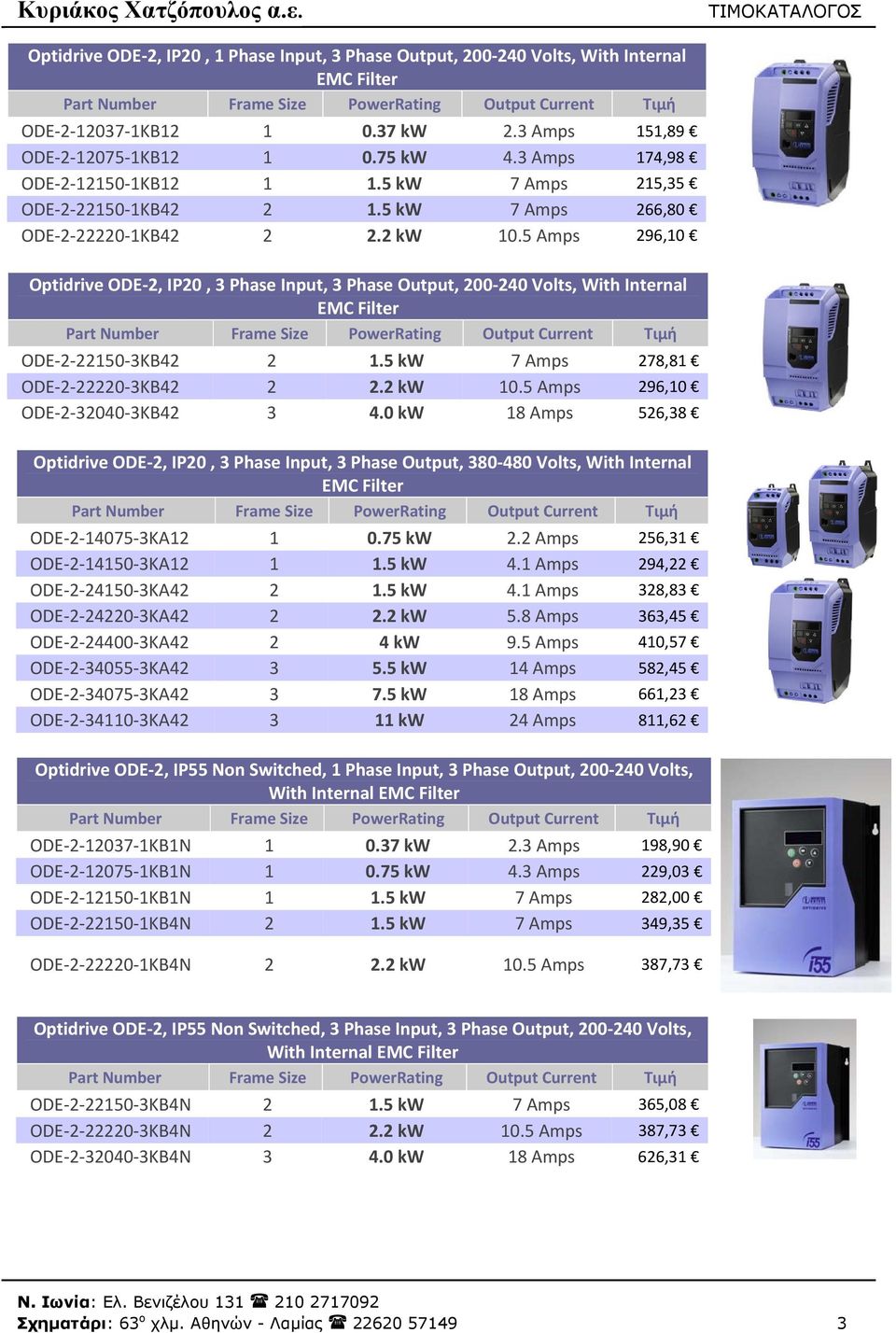 5 Amps 296,10 Optidrive ODE 2, IP20, 3 Phase Input, 3 Phase Output, 200 240 Volts, With Internal EMC Filter ODE 2 22150 3KB42 2 1.5 kw 7 Amps 278,81 ODE 2 22220 3KB42 2 2.2 kw 10.