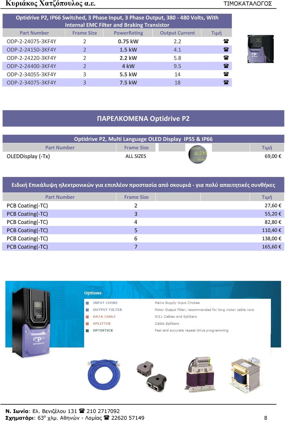 5 kw 18 ΠΑΡΕΛΚΟΜΕΝΑ Optidrive P2 Optidrive P2, Multi Language OLED Display IP55 & IP66 Part Number Frame Size Τιμή OLEDDisplay ( Tx) ALL SIZES 69,00 Ειδική Επικάλυψη ηλεκτρονικών για
