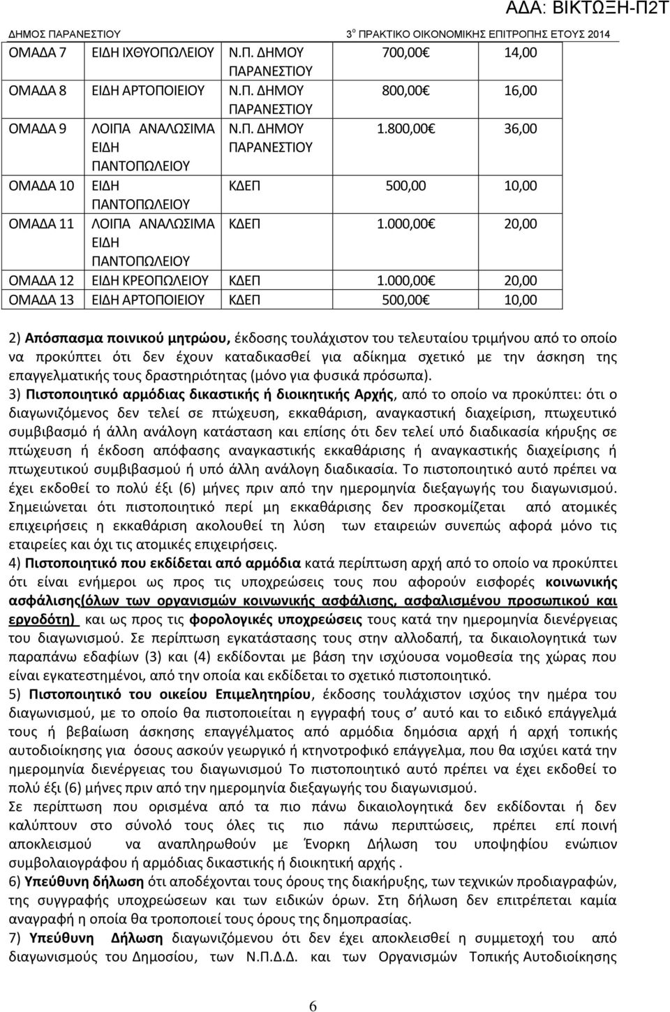 000,00 20,00 ΟΜΑΔΑ 13 ΕΙΔΗ ΑΡΤΟΠΟΙΕΙΟΥ ΚΔΕΠ 500,00 10,00 2) Απόσπασμα ποινικού μητρώου, έκδοσης τουλάχιστον του τελευταίου τριμήνου από το οποίο να προκύπτει ότι δεν έχουν καταδικασθεί για αδίκημα