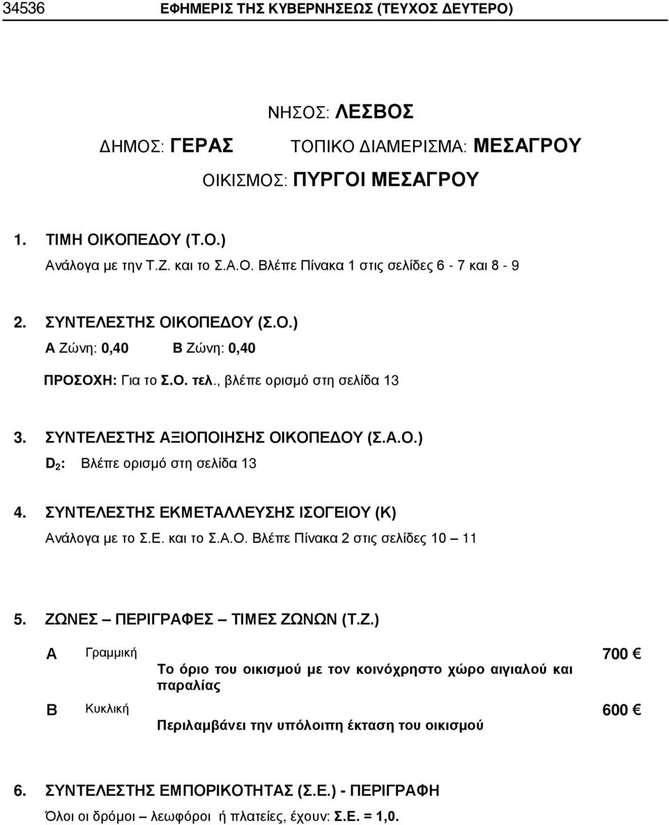 κοινόχρηστο χώρο αιγιαλού και παραλίας 700 Β Περιλαμβάνει την υπόλοιπη έκταση του οικισμού