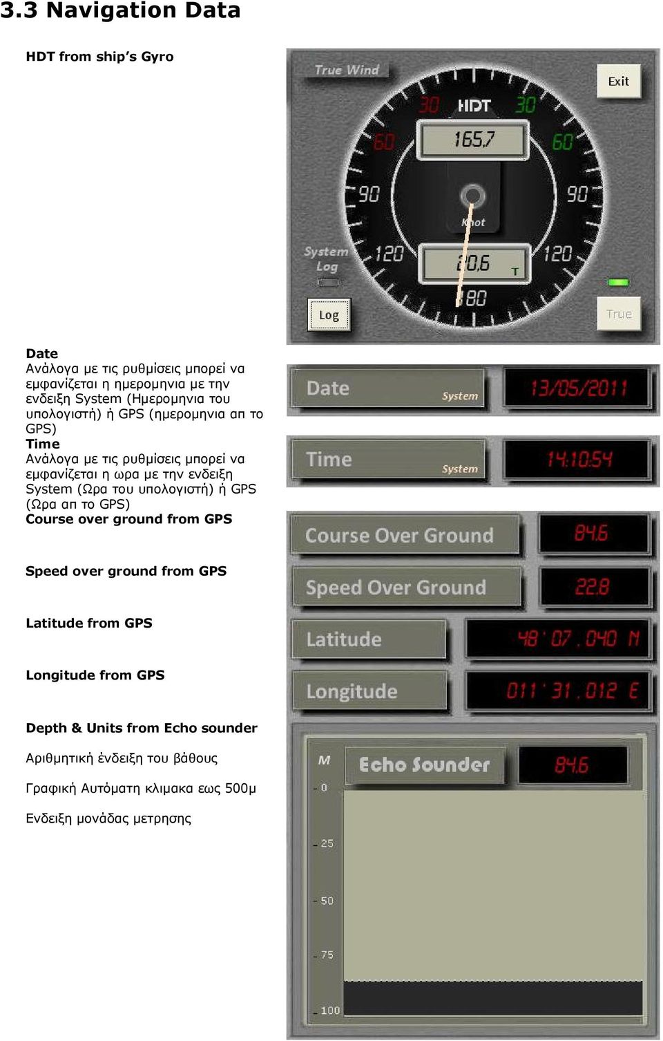 System (Ωρα του υπολογιστή) ή GPS (Ωρα απ το GPS) Course over ground from GPS Speed over ground from GPS Latitude from GPS