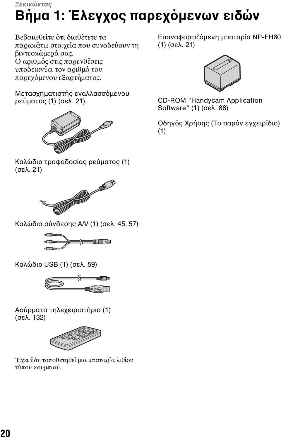 21) Επαναφορτιζόμενη μπαταρία NP-FH60 (1) (σελ. 21) CD-ROM "Handycam Application Software" (1) (σελ.