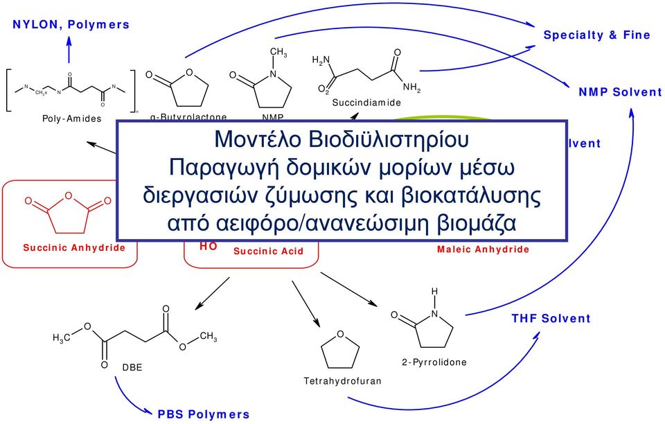 Petrochemical HO O Succinic Acid Succindiamide Παραγωγή δομικών μορίων μέσω από αειφόρο/ανανεώσιμη βιομάζα Maleic