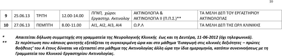 Λ ΤΑ ΜΕΛΗ ΔΕΠ ΤΗΣ ΩΡΛ * Απαιτείται δήλωση συμμετοχής στη γραμματεία της Νευρολογικής Κλινικής έως και τη Δευτέρα, 11-06-2012 (όχι τηλεφωνικά).