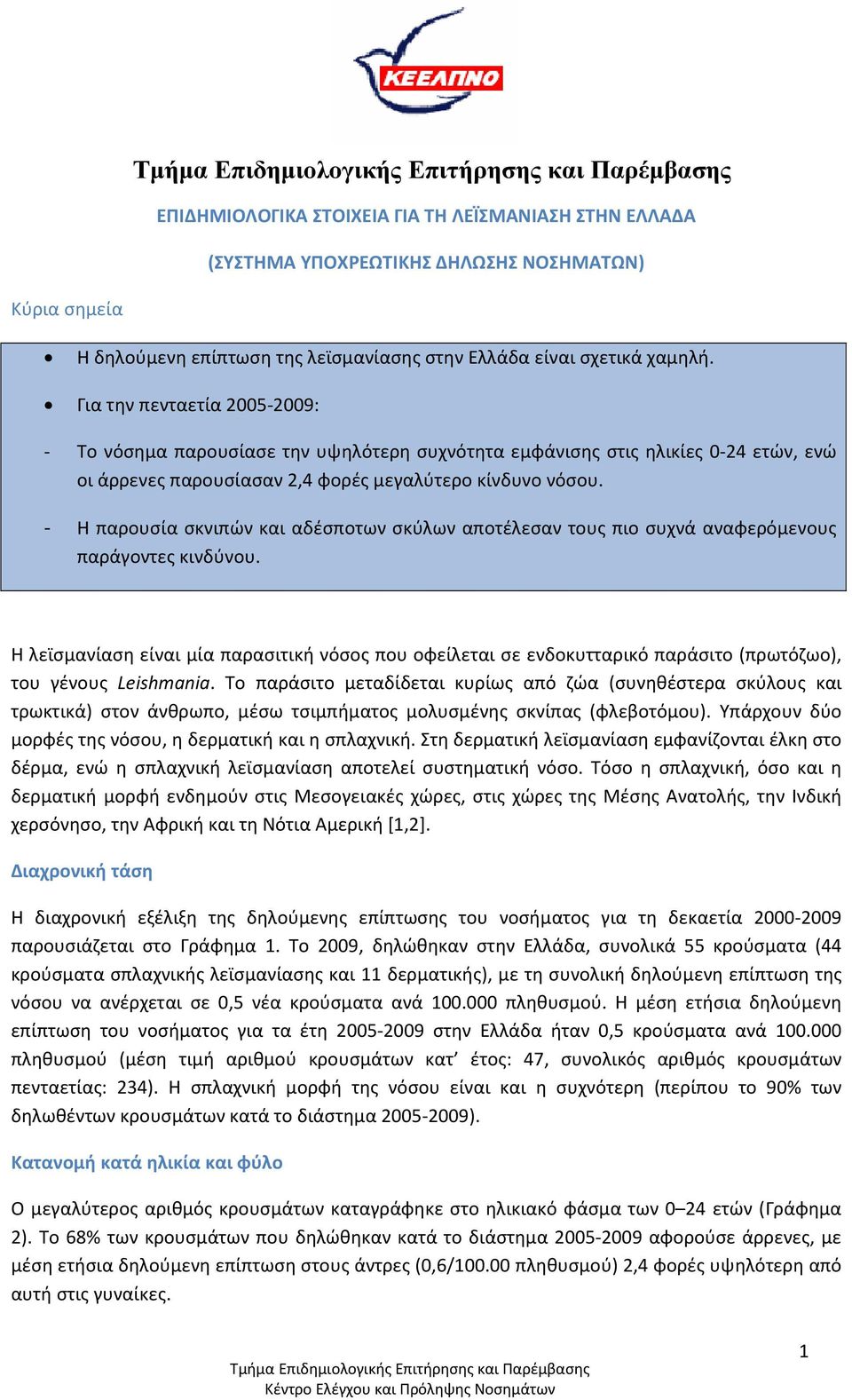 Για την πενταετία 2005-2009: - Το νόσημα παρουσίασε την υψηλότερη συχνότητα εμφάνισης στις ηλικίες 0-24 ετών, ενώ οι άρρενες παρουσίασαν 2,4 φορές μεγαλύτερο κίνδυνο νόσου.