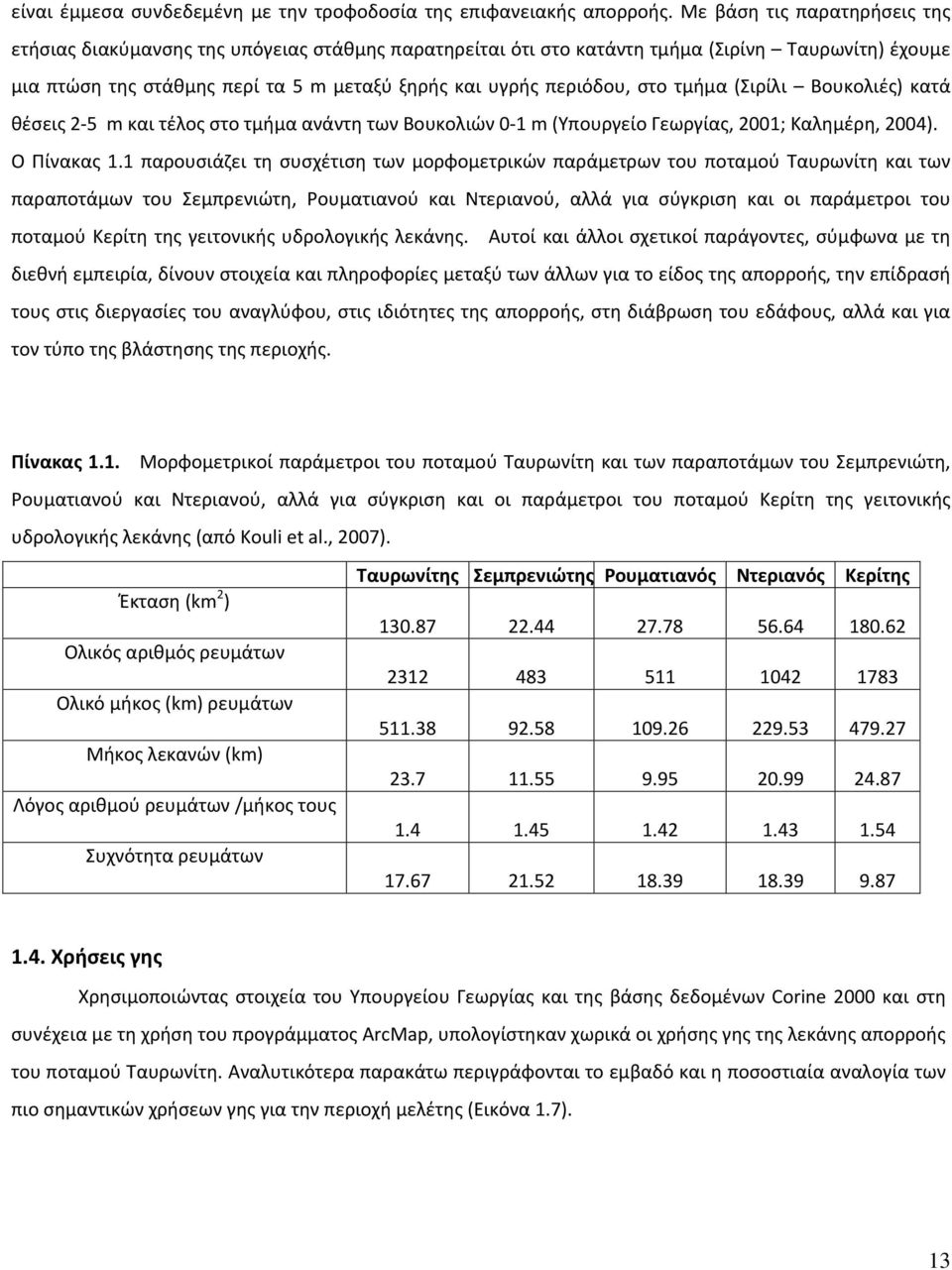στο τμήμα (Σιρίλι Βουκολιές) κατά θέσεις 2 5 m και τέλος στο τμήμα ανάντη των Βουκολιών 0 1 m (Υπουργείο Γεωργίας, 2001; Καλημέρη, 2004). Ο Πίνακας 1.