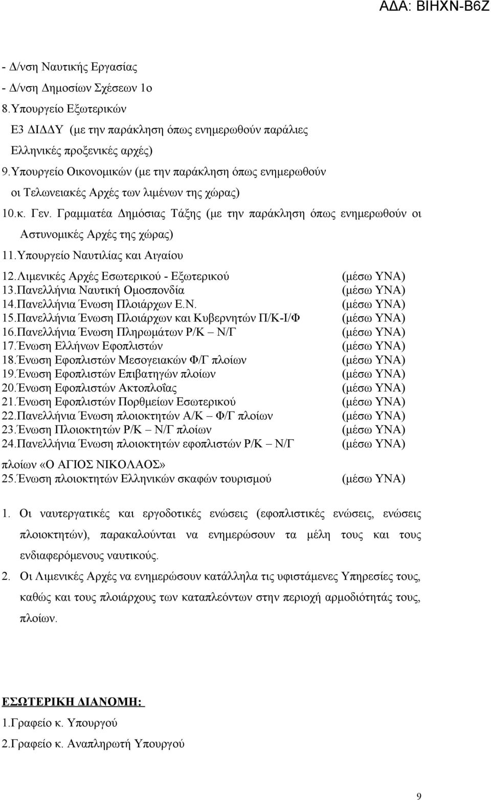 Γραμματέα Δημόσιας Τάξης (με την παράκληση όπως ενημερωθούν οι Αστυνομικές Αρχές της χώρας) 11.Υπουργείο Ναυτιλίας και Αιγαίου 12.Λιμενικές Αρχές Εσωτερικού - Εξωτερικού 13.