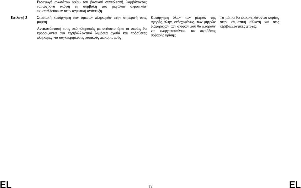 περιβαλλοντικά δημόσια αγαθά και πρόσθετες πληρωμές για συγκεκριμένους φυσικούς περιορισμούς Κατάργηση όλων των μέτρων της αγοράς, πλην, ενδεχομένως, των ρητρών
