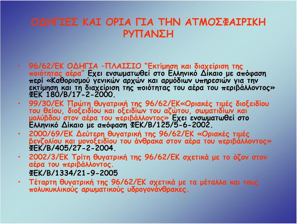99/30/ΕΚ Πρώτη θυγατρική της 96/62/ΕΚ«Οριακές τιμές διοξειδίου του θείου, διοξειδίου και οξειδίων του αζώτου, σωματιδίων και μολύβδου στον αέρα του περιβάλλοντος» Εχει ενσωματωθεί στο Ελληνικό ίκαιο